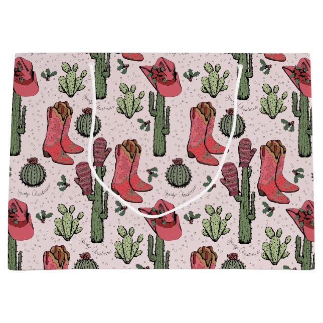 Grand Sac Cadeau Fille Country Cowgirl Noël rose et vert (Devant)
