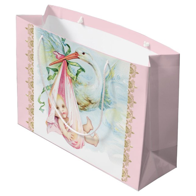 Grand Sac Cadeau Fille de bébé à cigogne rose (Dos Angle)