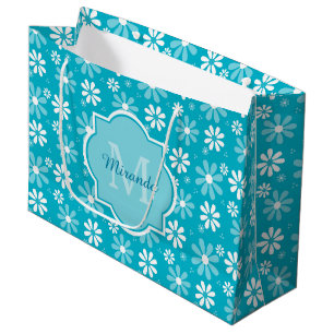 Grand Sac Cadeau Fille Monogramme Turquoise Daisy Fleurs Avec Nom
