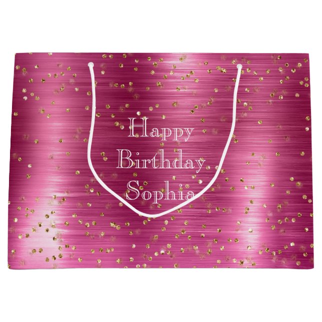 Grand Sac Cadeau Fille Pink Glam Gold Sparkle Confetti Anniversaire (Devant)