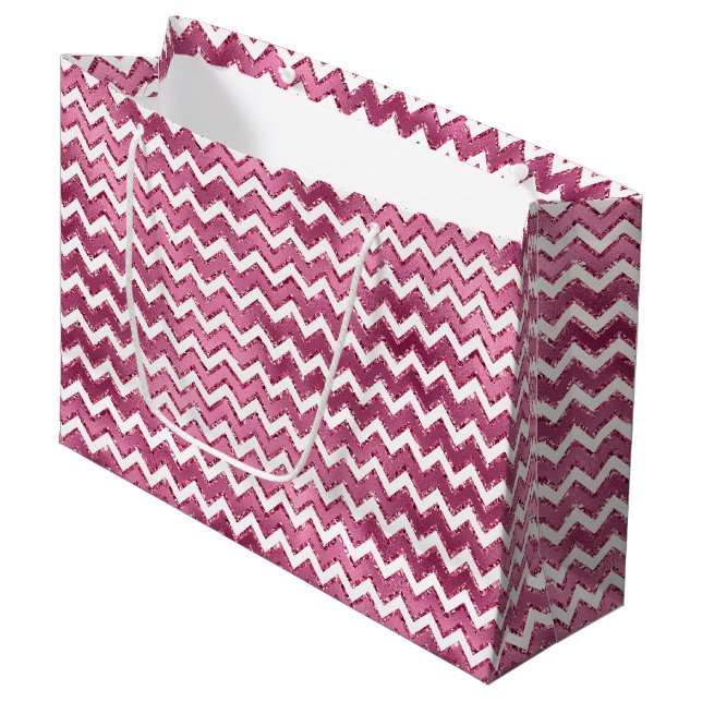 Grand Sac Cadeau Fille rose blanc Zigzag rayures (Devant Angle)