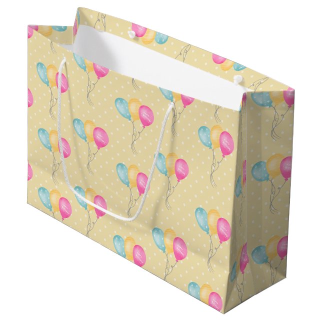 Grand Sac Cadeau Filles Anniversaire Jaune Pois Et Ballons (Devant Angle)