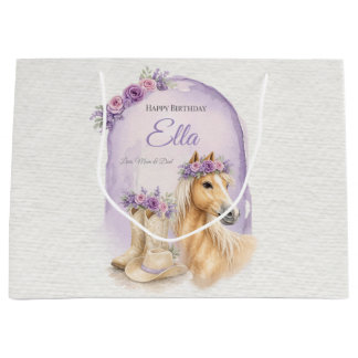 Grand Sac Cadeau Filles Fleur Horse Anniversaire Violet