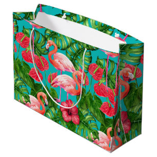 Grand Sac Cadeau Flamant rose et aquarelle du jardin tropical