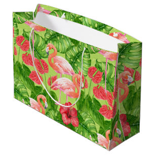 Grand Sac Cadeau Flamant rose et plantes tropicaux