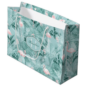 Grand Sac Cadeau Flamant rose Orchidée Tropical Motif Turquoise ID8