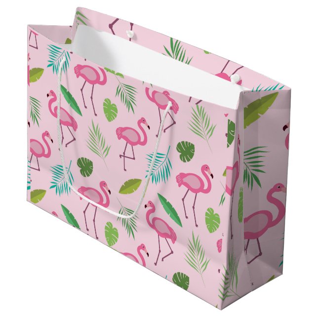 Grand Sac Cadeau Flamant rose rose avec Motif Feuille tropical (Devant Angle)