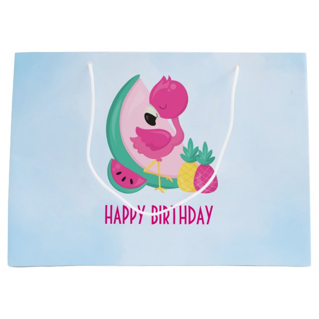 Grand Sac Cadeau Flamant rose rose avec pastèque et ananas (Devant)