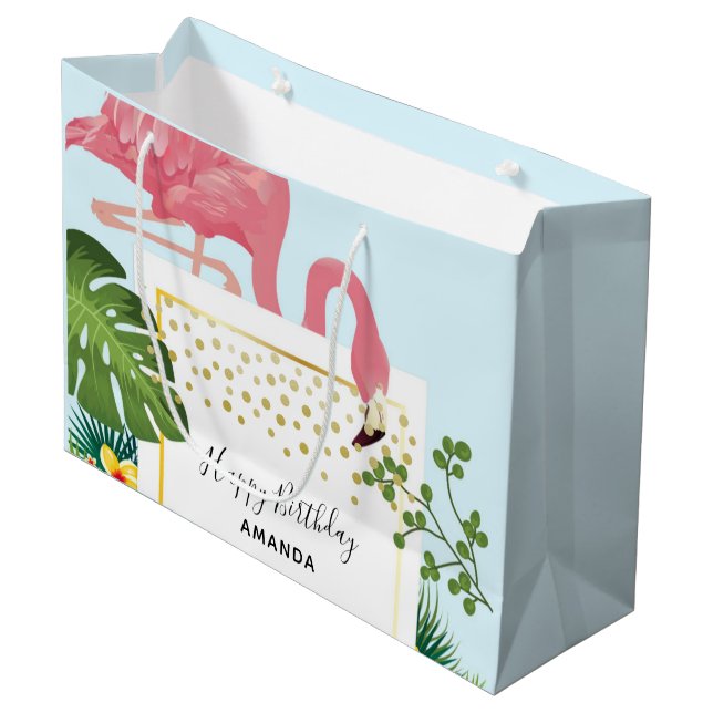 Grand Sac Cadeau Flamant rose rose élégant et Feuilles tropicaux An (Devant Angle)