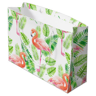 Grand Sac Cadeau Flamants roses et feuilles tropicaux