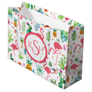 Grand Sac Cadeau Flamants roses & Plantes tropicaux & Fleurs Motif