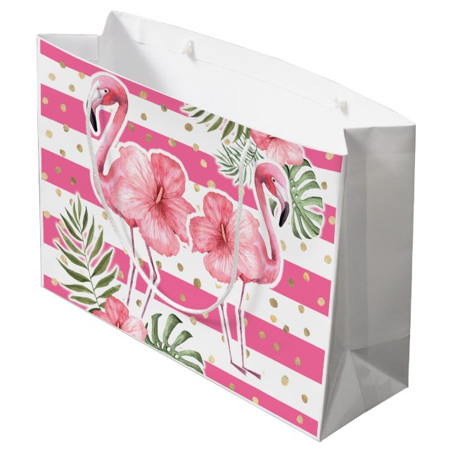 Grand Sac Cadeau Flamants roses roses tropicaux modernes Floral Gra (Dos Angle)