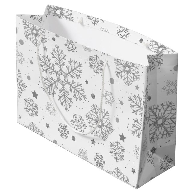 Grand Sac Cadeau Flammes de neige en argent sur blanc (Dos Angle)