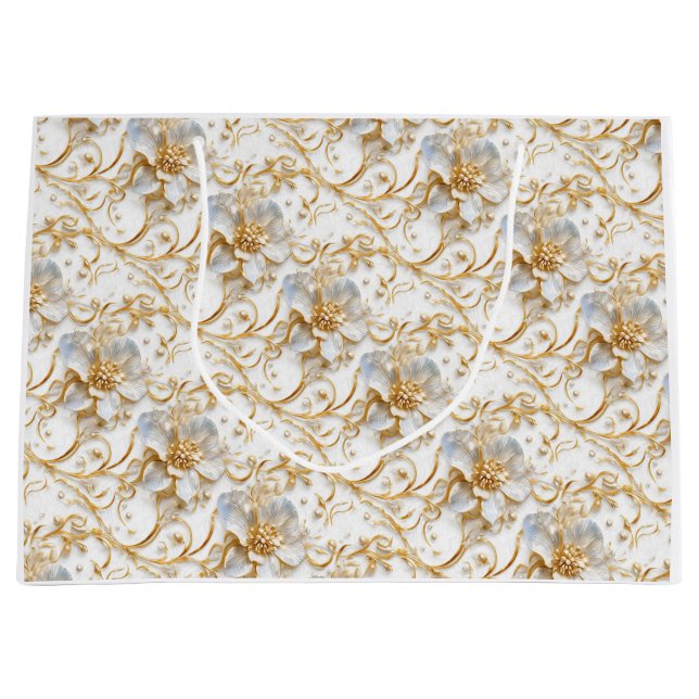 Grand Sac Cadeau Fleur à fleurs blanches mariage anniversaire éléga (Devant)