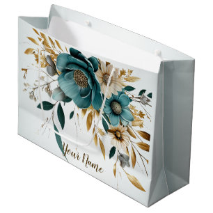 Grand Sac Cadeau Fleur blanche Turquoise Feuille d'or élégant