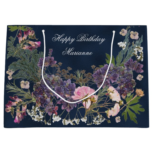 Grand Sac Cadeau Fleur botanique d'anniversaire sur bleu marine fon (Devant)
