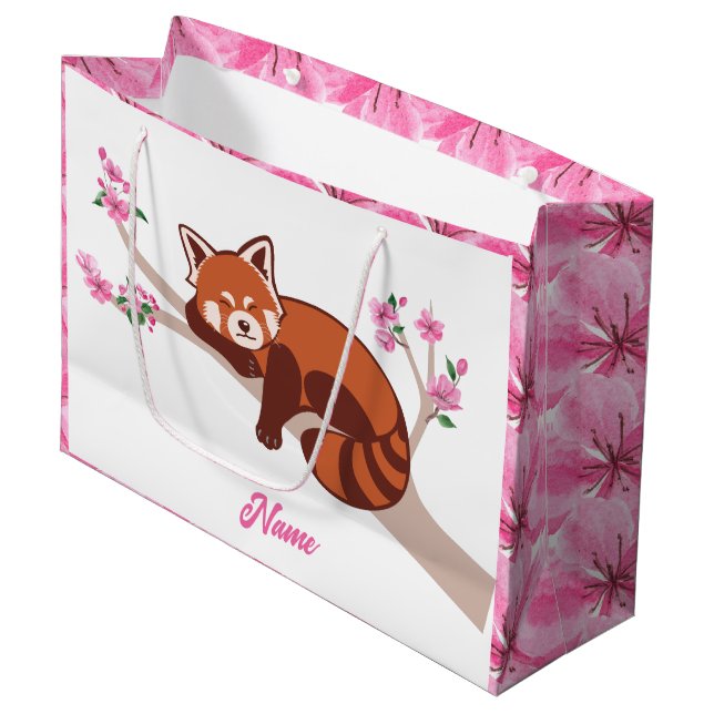 Grand Sac Cadeau Fleur de cerisier personnalisée "Sleepy Red Panda" (Devant Angle)