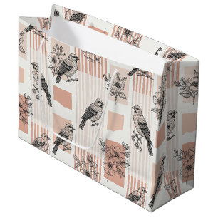 Grand Sac Cadeau Fleur de oiseau vintage Toile Rayure (11)