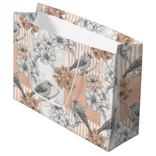 Grand Sac Cadeau Fleur de oiseau vintage Toile Rayure (5)