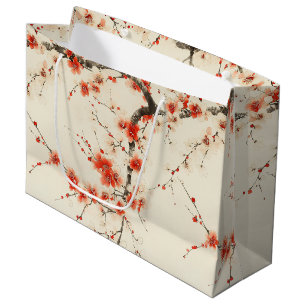 Grand Sac Cadeau Fleur de prunier rouge aquarelle - Art floral orie