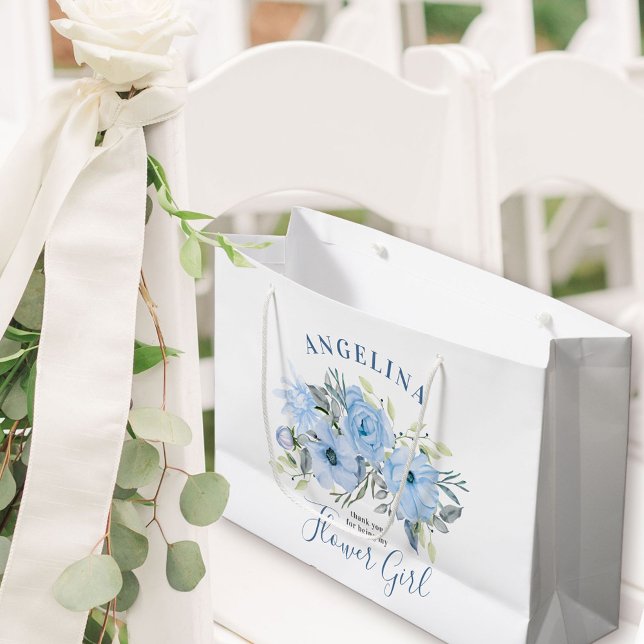 Grand Sac Cadeau Fleur Peine Bleue Mariage Floral Merci (Flower Girl Gift Bag with personalized thank you)