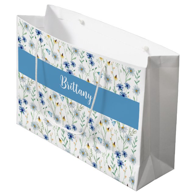 Grand Sac Cadeau Fleur sauvage bleu Aquarelle Nom du monogramme (Devant Angle)