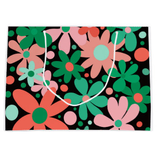Grand Sac Cadeau Fleurs abstraites et funky en vert et rose