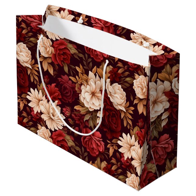 Grand Sac Cadeau Fleurs beiges bordeaux bohème (Dos Angle)