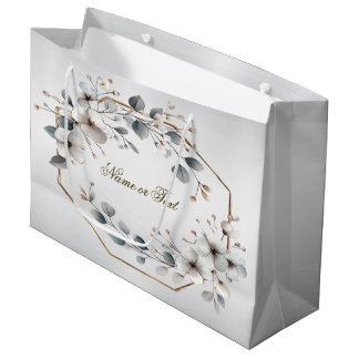 Grand Sac Cadeau Fleurs blanches à l'aquarelle Cadre doré Argent sa