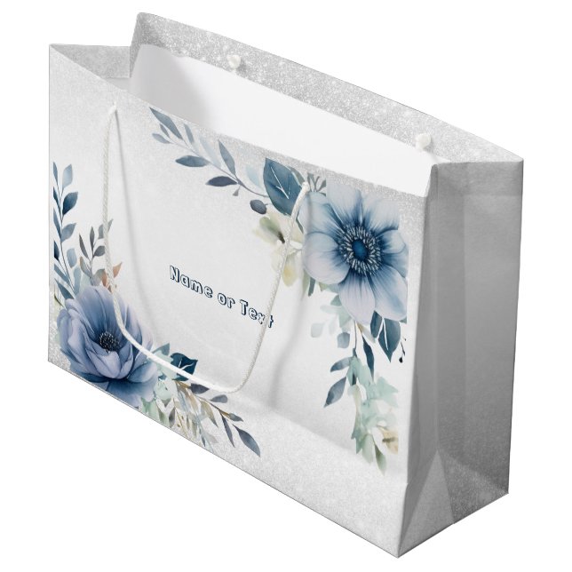 Grand Sac Cadeau Fleurs d'Aquarelle bleu Dusty Silver Elégant (Devant Angle)