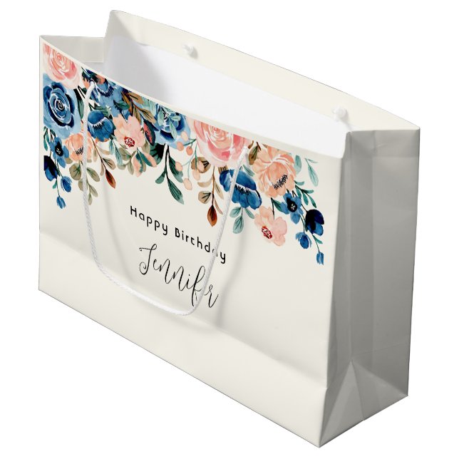 Grand Sac Cadeau Fleurs d'aquarelle rose et bleu Anniversaire (Devant Angle)
