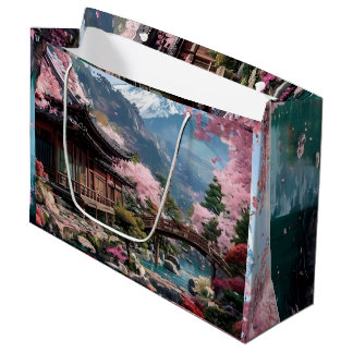 Grand Sac Cadeau Fleurs de cerisier élégantes japonaises Mariage or