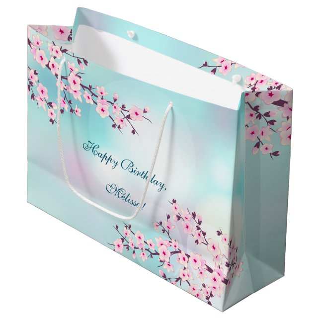 Grand Sac Cadeau Fleurs de cerisier rose Turquoise Anniversaire (Devant Angle)