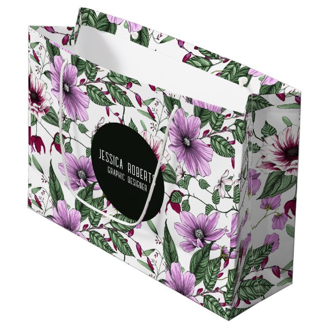 Grand Sac Cadeau Fleurs de lavande avec feuilles verts sans soudure (Devant Angle)