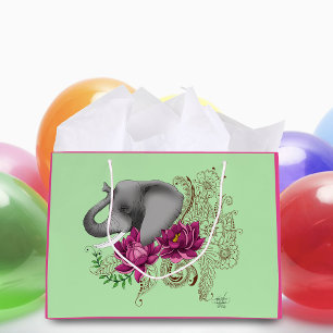 Grand Sac Cadeau Fleurs de lotus henné éléphant