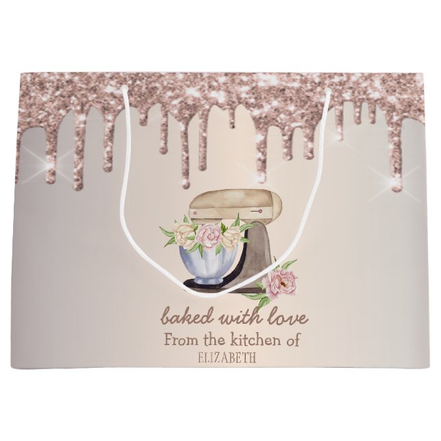 Grand Sac Cadeau Fleurs de mélangeur de gâteau Rose Gold Paillettes (Devant)