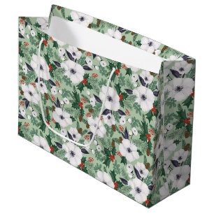 Grand Sac Cadeau Fleurs de Noël blanches et motif de baies rouges