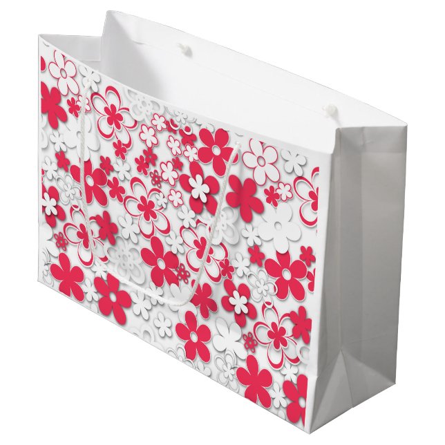 Grand Sac Cadeau Fleurs de papier rouge et blanc (Devant Angle)