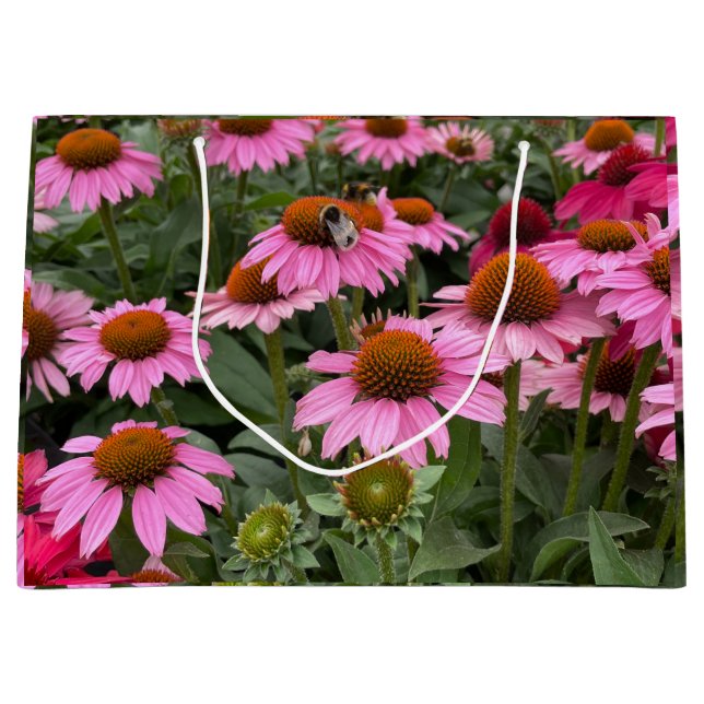 Grand Sac Cadeau Fleurs d'Echinacea rose et abeilles magnifiques (Devant)