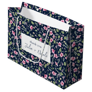 Grand Sac Cadeau Fleurs d'Hibiscus Rose Bleu Marine Poussiéreux Mar