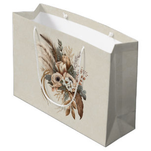 Grand Sac Cadeau Fleurs Élégantes Feuillage et plumes