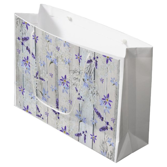 Grand Sac Cadeau Fleurs et tiges de lavande sur le bois blanc (Devant Angle)
