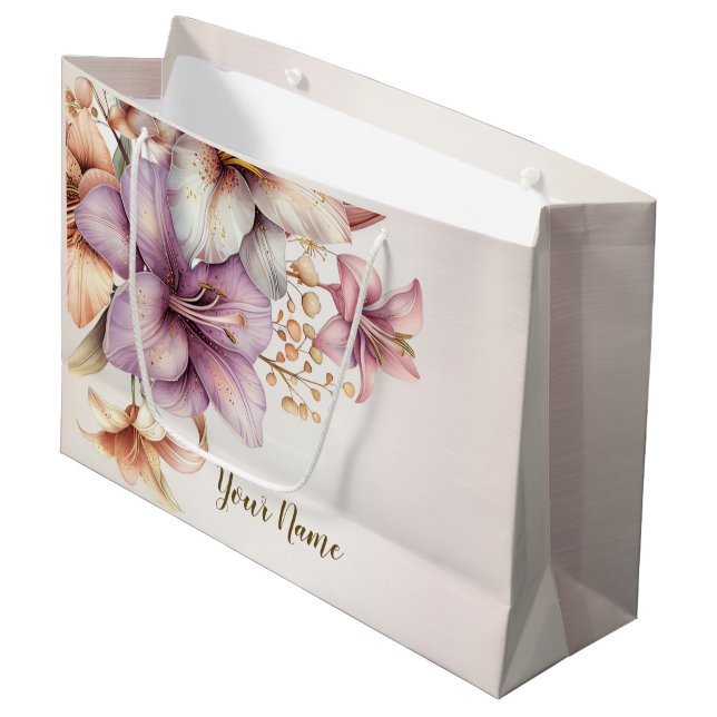 Grand Sac Cadeau Fleurs Rose Bohème Aquarelle Élégantes et Stylées  (Devant Angle)
