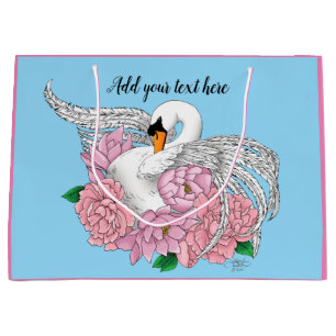 Grand Sac Cadeau Fleurs roses cygnes blanches