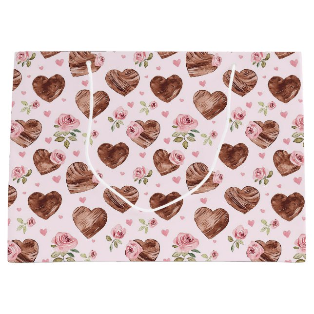 Grand Sac Cadeau Fleurs roses Roses brunes Cœur Fête de mariage (Devant)