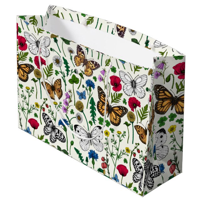Grand Sac Cadeau Fleurs sauvages et papillons sur blanc (Dos Angle)