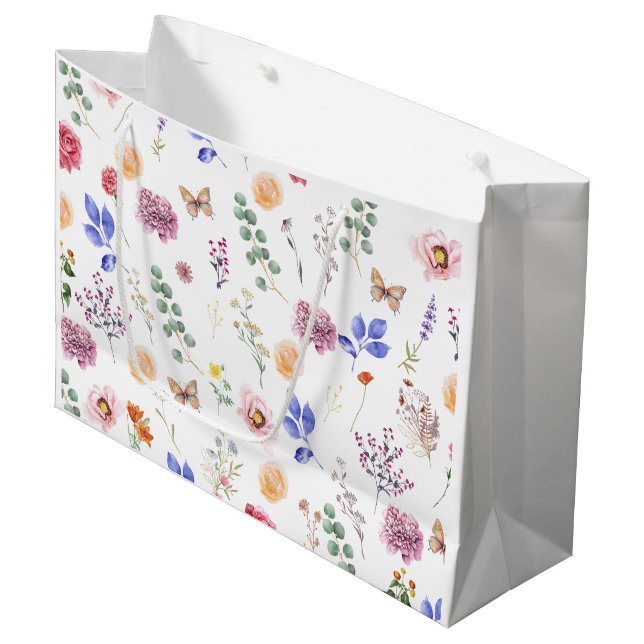 Grand Sac Cadeau Fleurs sauvages pressées au printemps Papillon bla (Devant Angle)