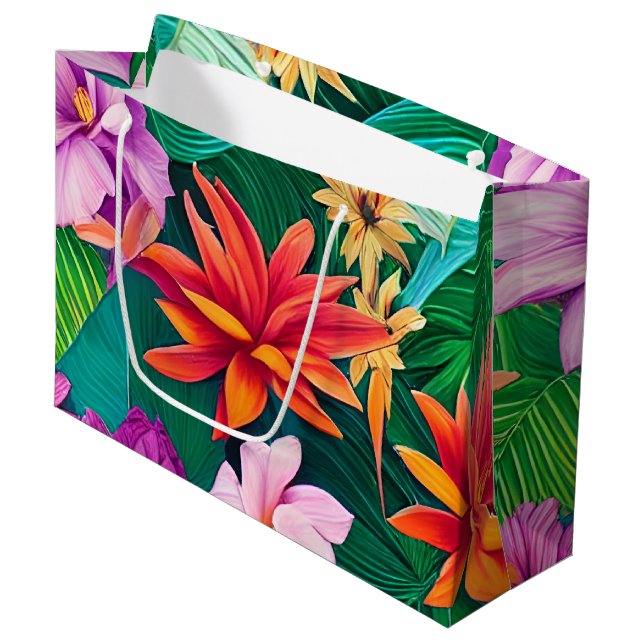 Grand Sac Cadeau Fleurs tropicales colorées Motif (Devant Angle)