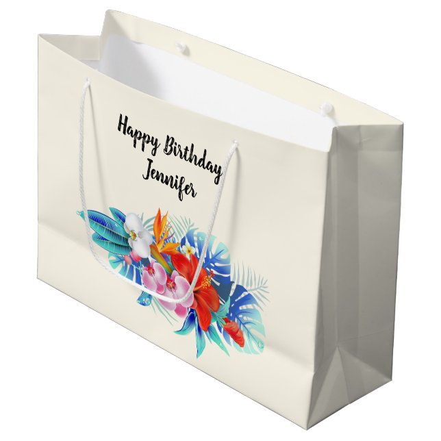 Grand Sac Cadeau Fleurs tropicales exotiques Anniversaire (Devant Angle)