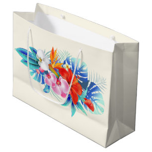 Grand Sac Cadeau Fleurs tropicales exotiques - Rose et aigue-marine